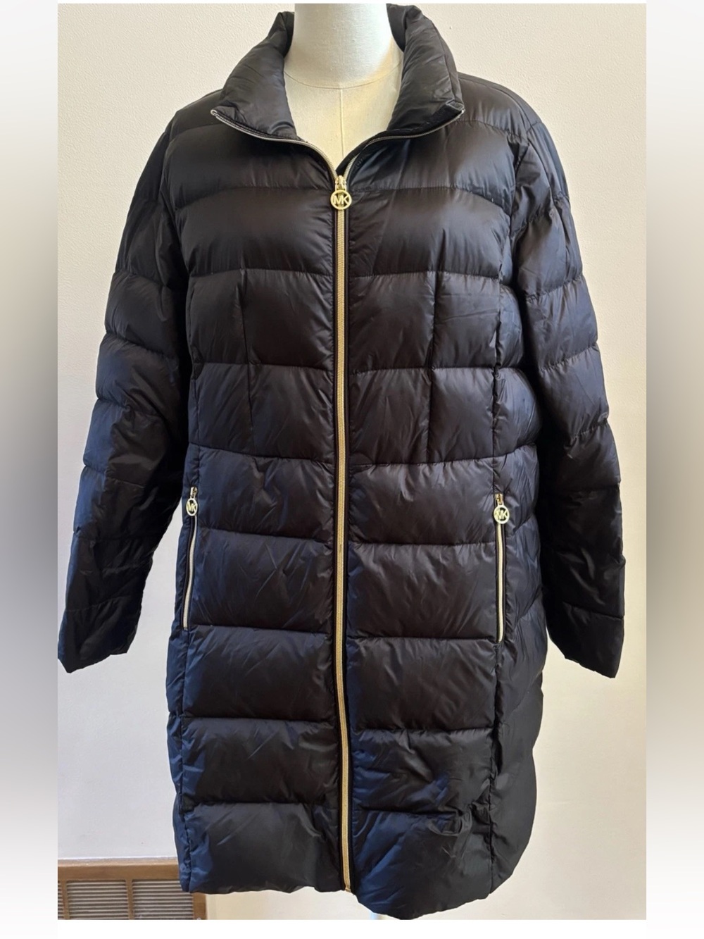 Michael Kors Packable Down Puffer Coat XL Black Long Gold Zip